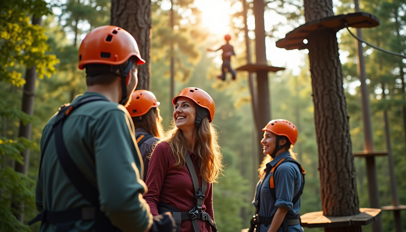 Groupe d’adultes en train de faire de l’accrobranche lors d’un team building