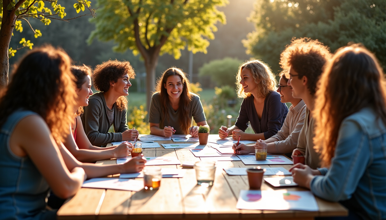 Groupe de voisins préparant ensemble une Fête des voisins avec affiches et listes de tâches