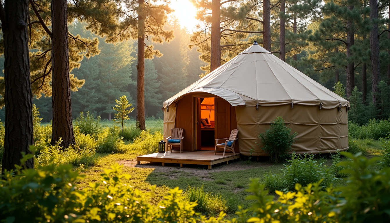 Habitat insolite en forme de yourte dans un camping 3 étoiles, entouré de verdure et équipé d