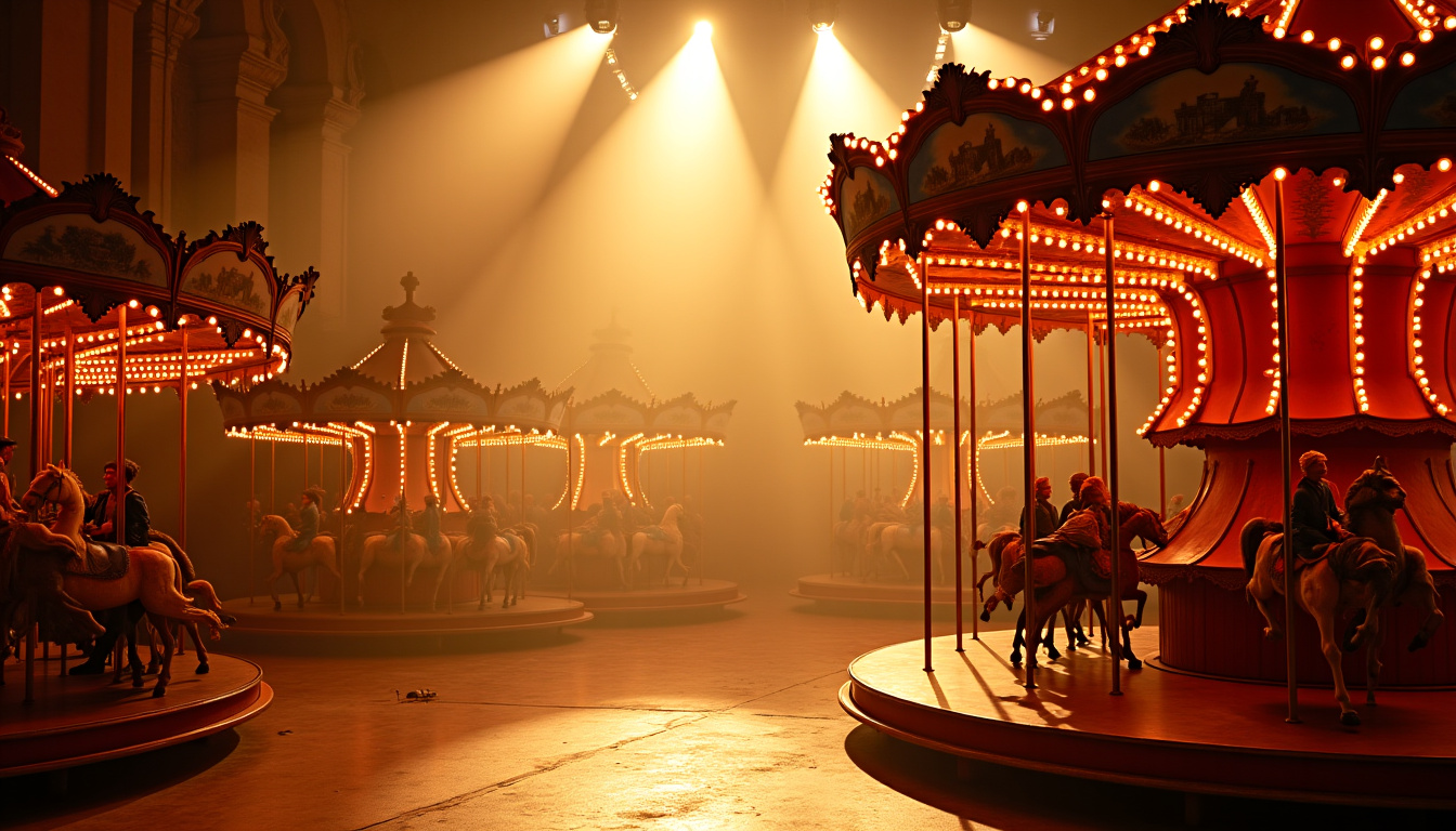 Intérieur de la salle principale du musée des arts forains à Paris, avec manèges anciens et éclairage théâtral