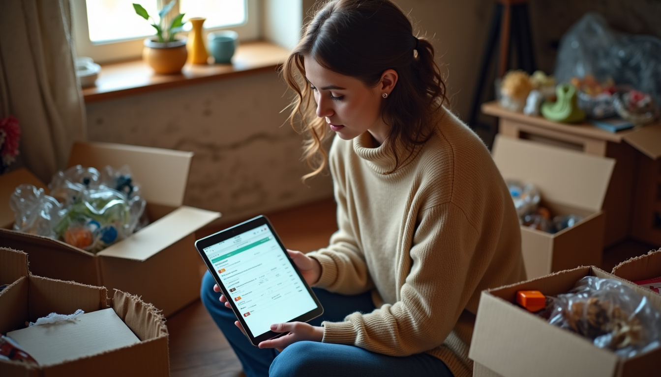 Personne utilisant une tablette pour consulter un agenda de vide-greniers, entourée de cartons remplis d