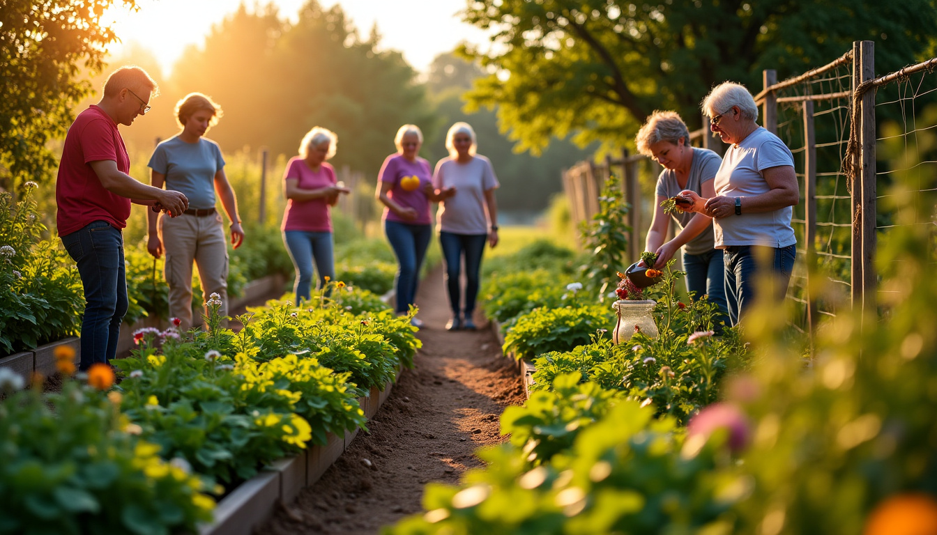 Potager partagé en pleine activité avec des résidents en train de cultiver des légumes