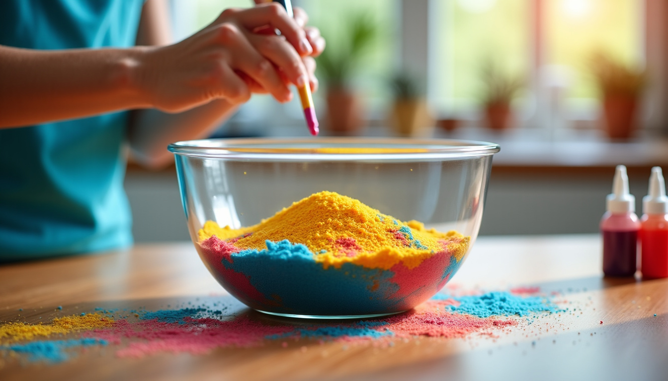 Préparation du sable magique maison avec sable, colle et colorant sur plan de travail