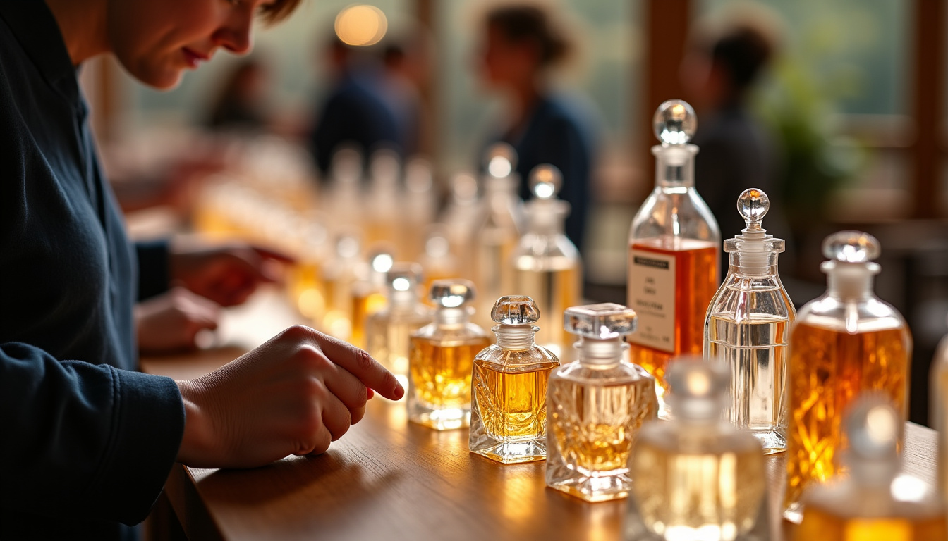 Salon du flacon à parfum à Garons, avec des collectionneurs examinant des flacons anciens exposés sur des tables