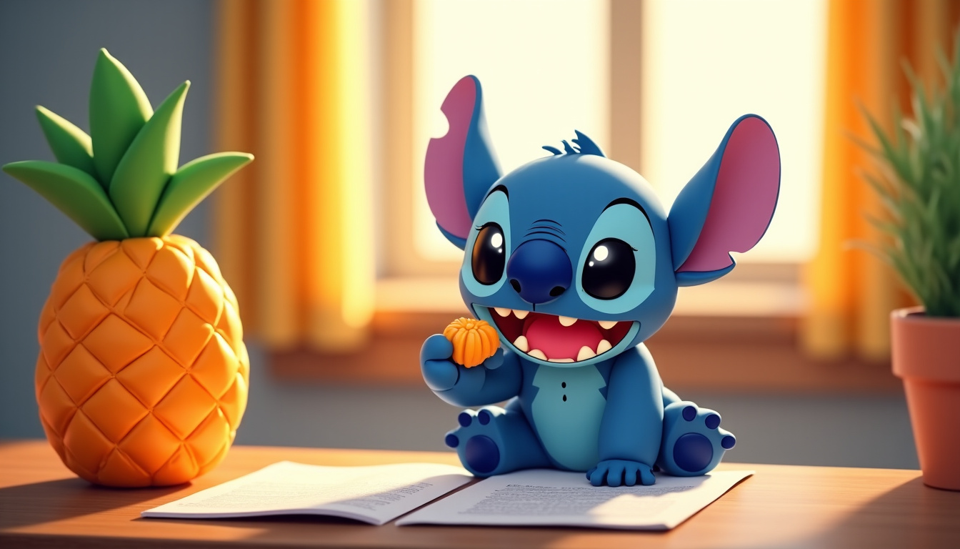 Stitch en train de regarder un ananas, illustration simple pour enfants