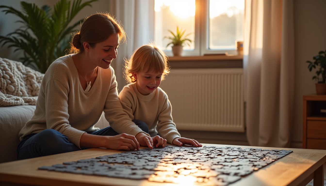 Un adulte et un enfant en train de faire un puzzle ensemble, symbolisant le lien familial