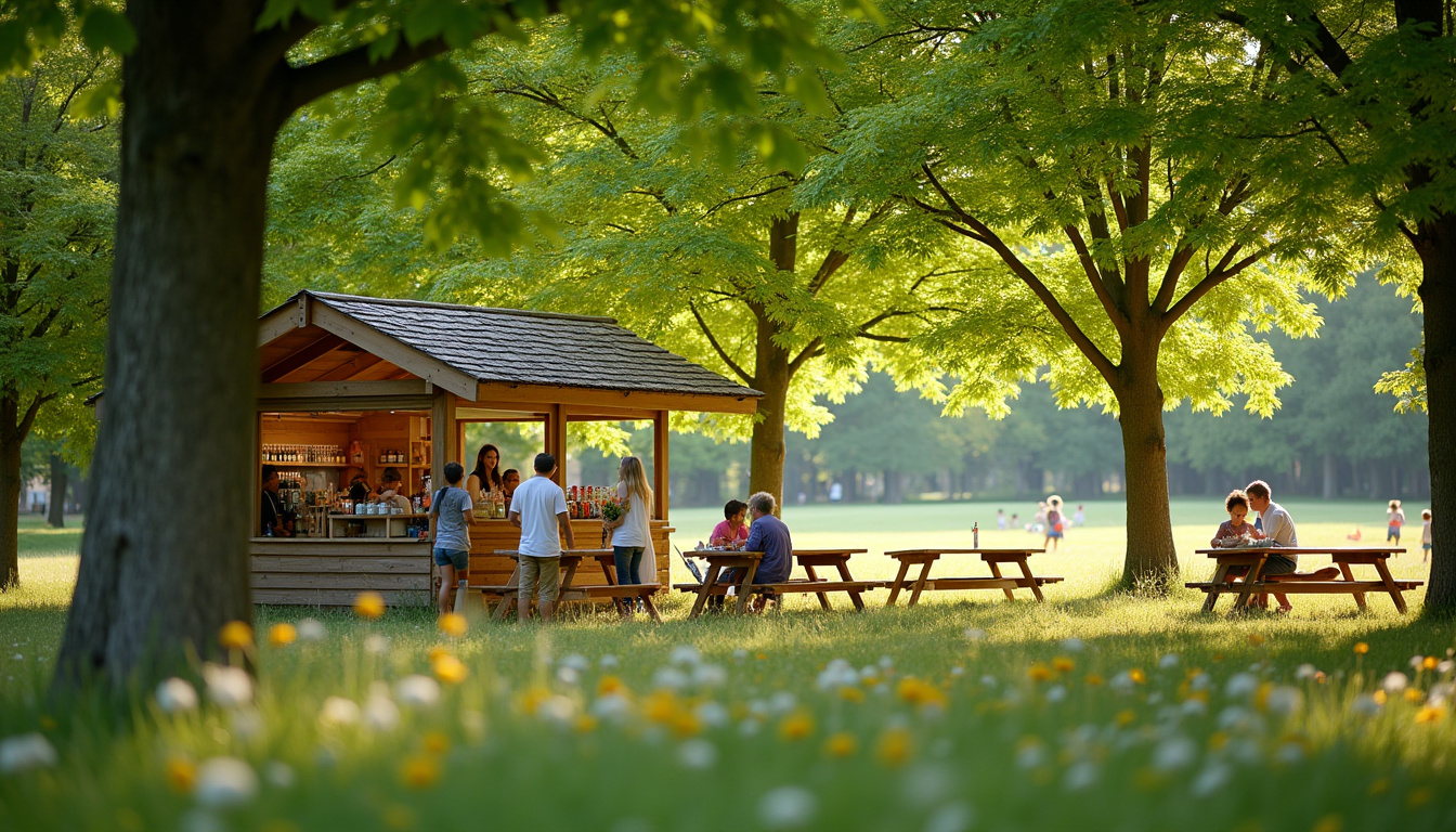 Aire de pique-nique ombragée avec buvette et tables en bois au Parc des Combes