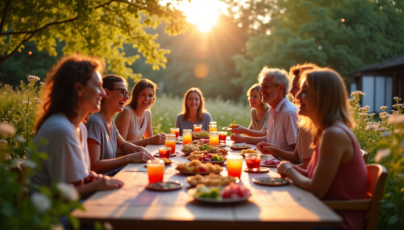 Animation de voisinage dans un jardin partagé avec tables et chaises installées pour un pique-nique commun