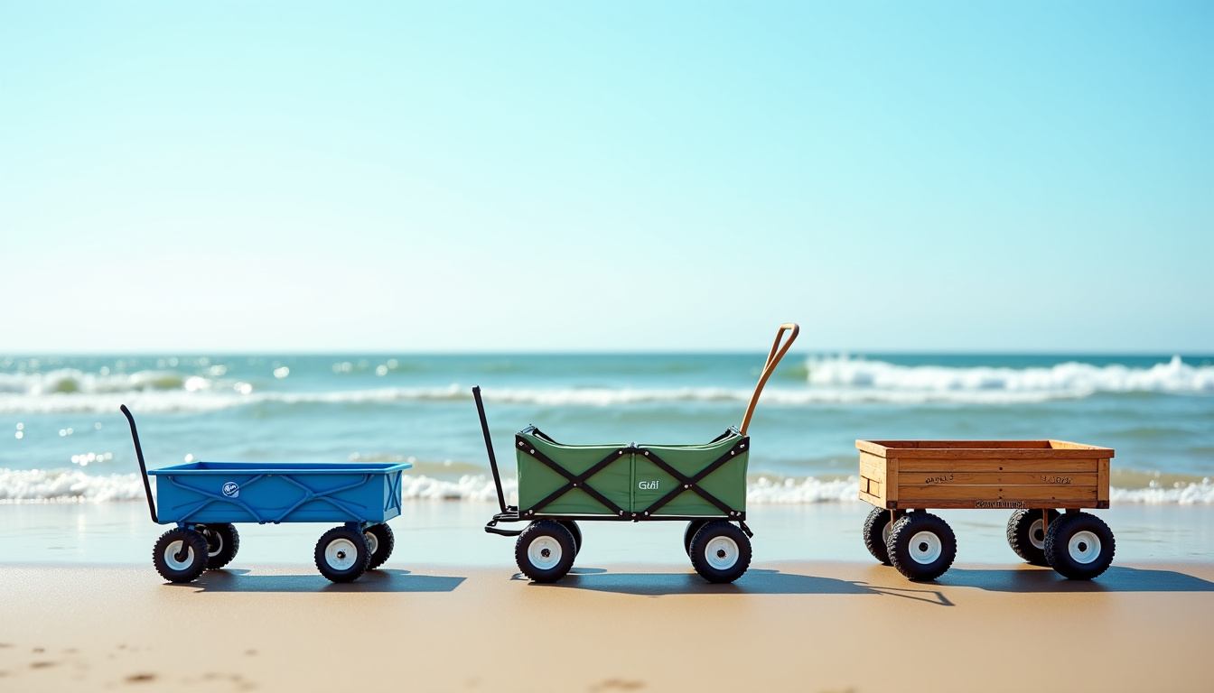 Comparatif visuel des chariots de plage disponibles chez Decathlon, Gifi et Leboncoin