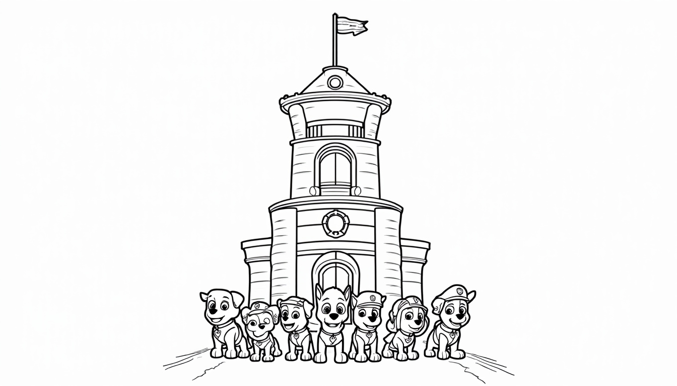 Dessin de la tour de contrôle de la Pat Patrouille vue de face avec les chiots et Ryder