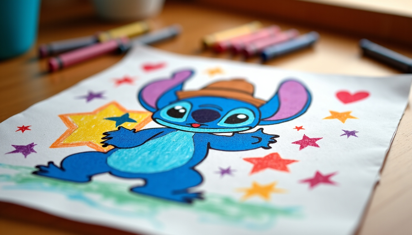Dessin de Stitch personnalisé par un enfant avec couleurs et accessoires ajoutés