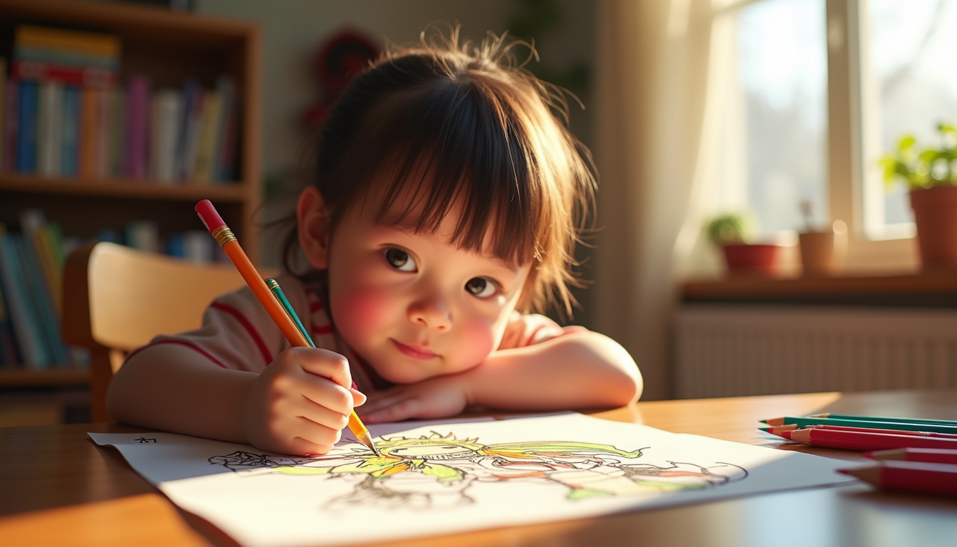 Enfant concentré en train de colorier un dessin de Huntrix avec des crayons de couleur