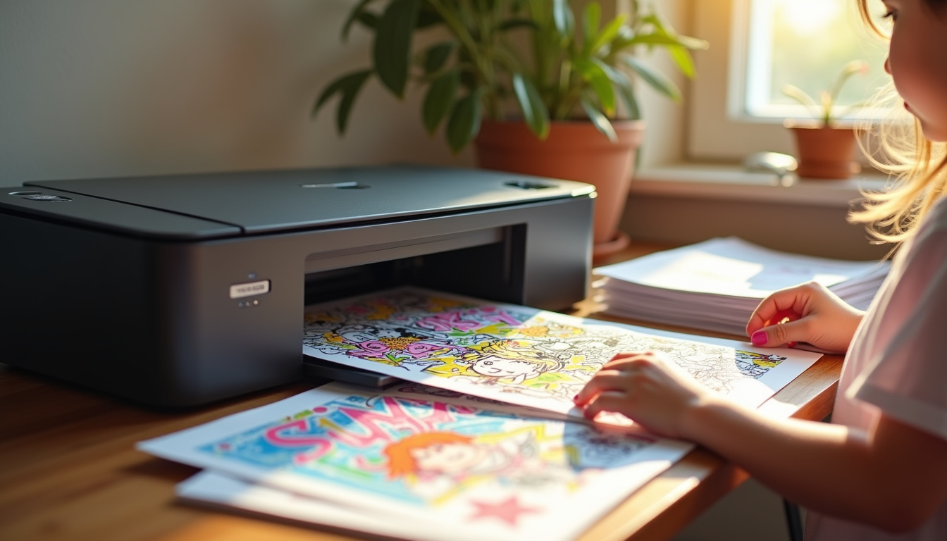 Enfant imprimant des dessins Huntrix sur du papier A4 avec une imprimante