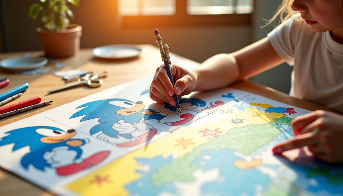 Enfant utilisant des coloriages Sonic pour créer une affiche murale avec des personnages découpés