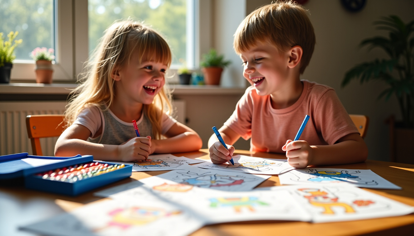 Enfants en train de colorier des dessins de la Pat Patrouille autour d