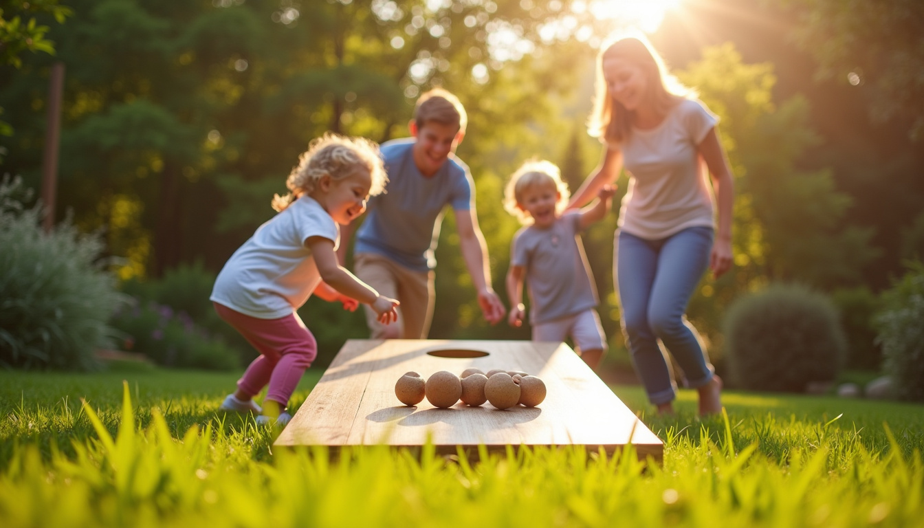 Famille jouant au cornhole dans un jardin, ambiance conviviale et détendue