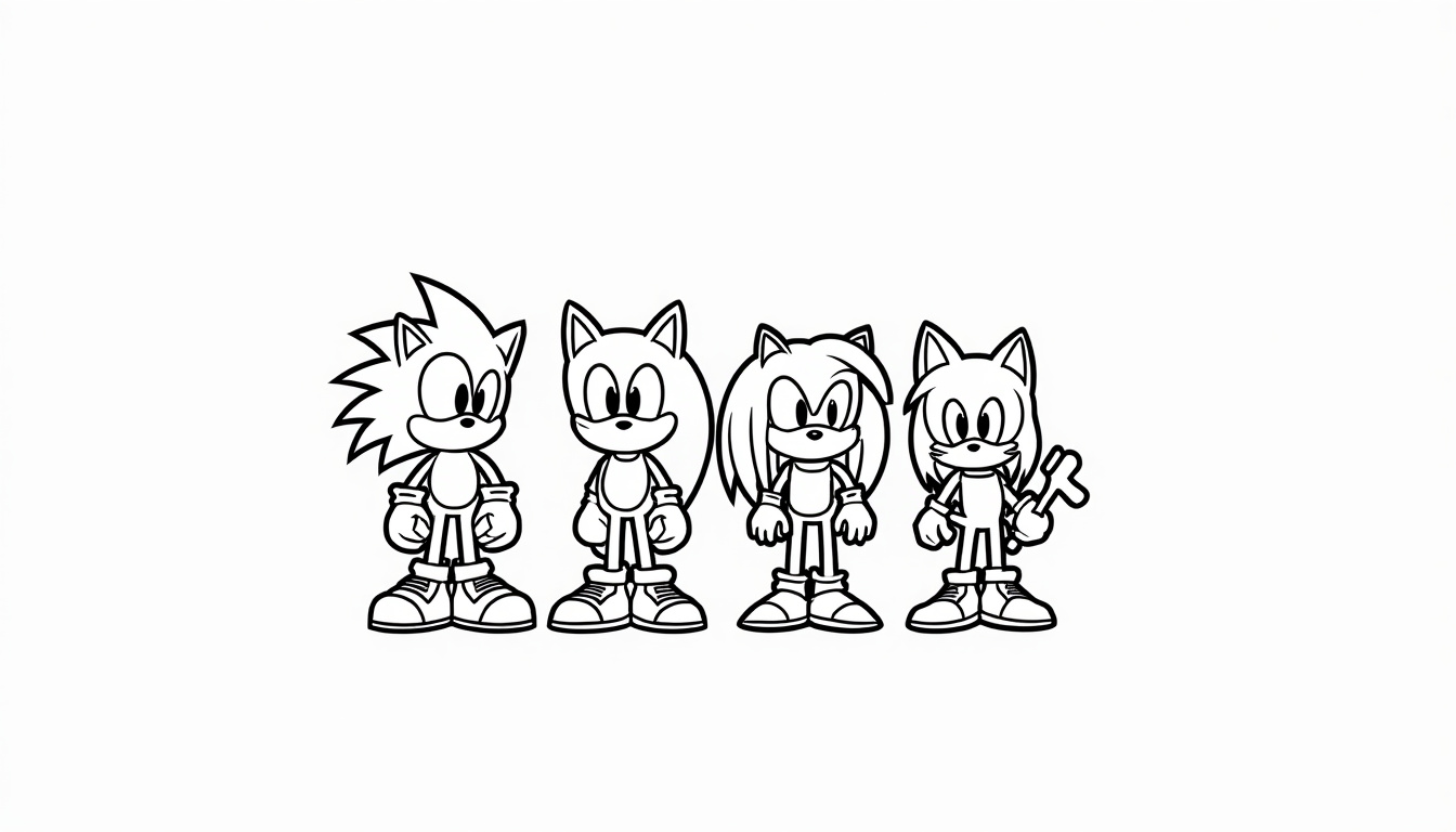 Illustration des personnages populaires de Sonic: Sonic, Tails, Knuckles et Amy Rose côte à côte