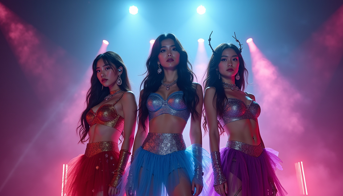 Illustration des trois héroïnes Huntrix: Romi, Mira et Zoey, en tenue de scène et d