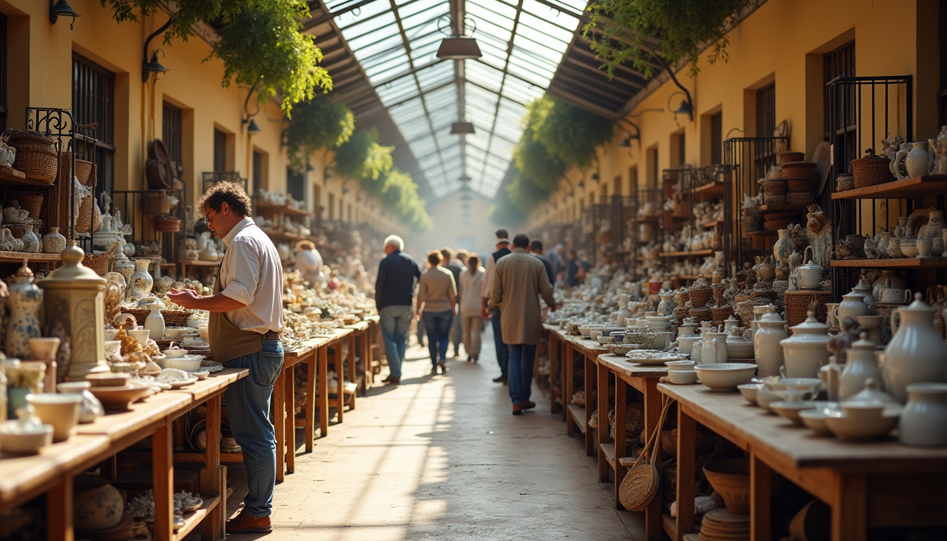 Marché de brocante sous la halle de Castelsarrasin avec stands bien rangés et visiteurs attentifs