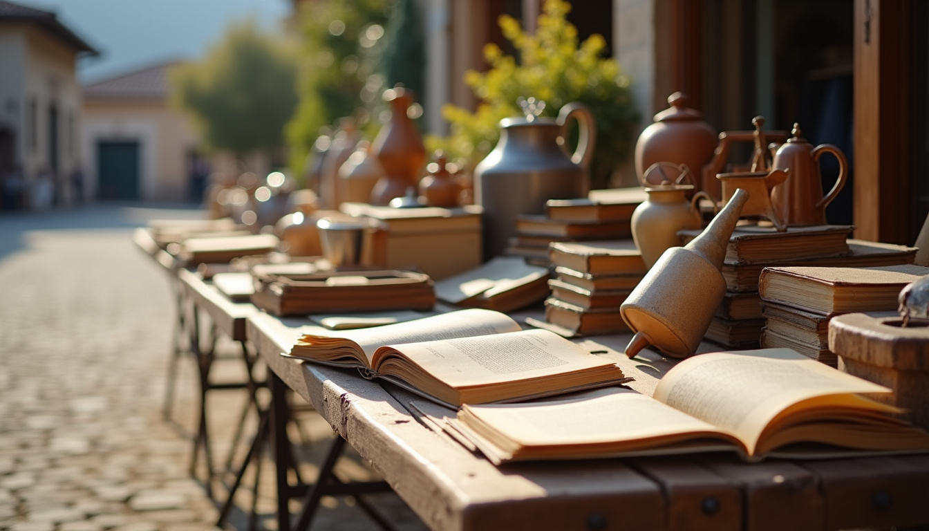 Particulier exposant à un vide-grenier à Maubourguet, présentant des objets bien rangés