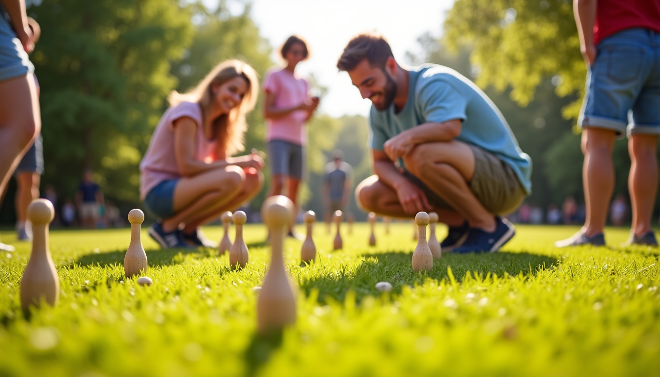 Partie de molkky en plein air sur une pelouse, entouré de spectateurs et joueurs