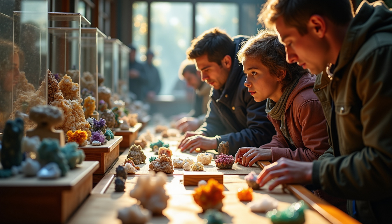 Salon minéraux fossiles et bijoux à Lannemezan, visiteurs admirant des pierres rares
