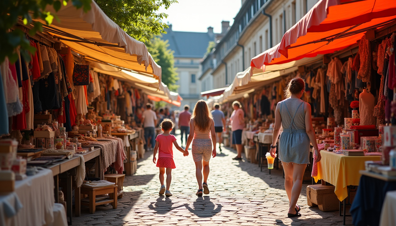 Scène de brocante à Montrond-les-Bains avec des stands sous parasols et un public familial