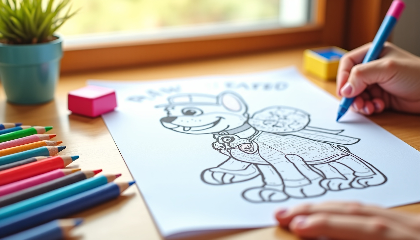 Tableau avec crayons de couleur, feutres, gomme et dessin de la Pat Patrouille prêt à colorier