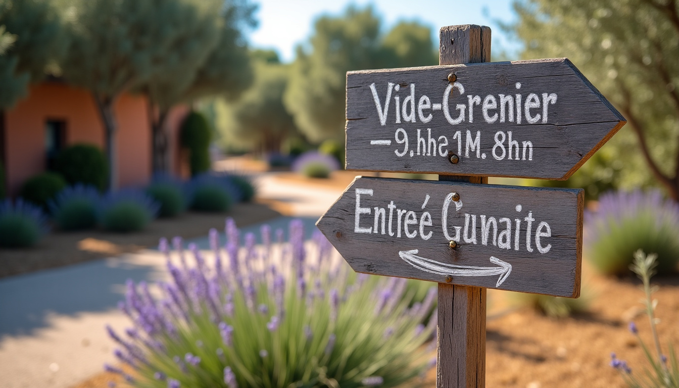 Une pancarte indique les informations pratiques d’un vide-grenier dans le Var