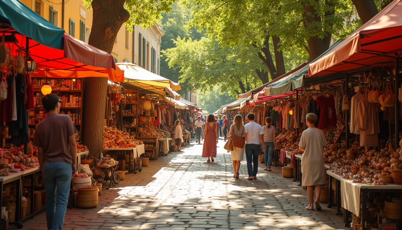 Vide-grenier à Montauban en 2026 avec stands colorés et visiteurs en pleine chine