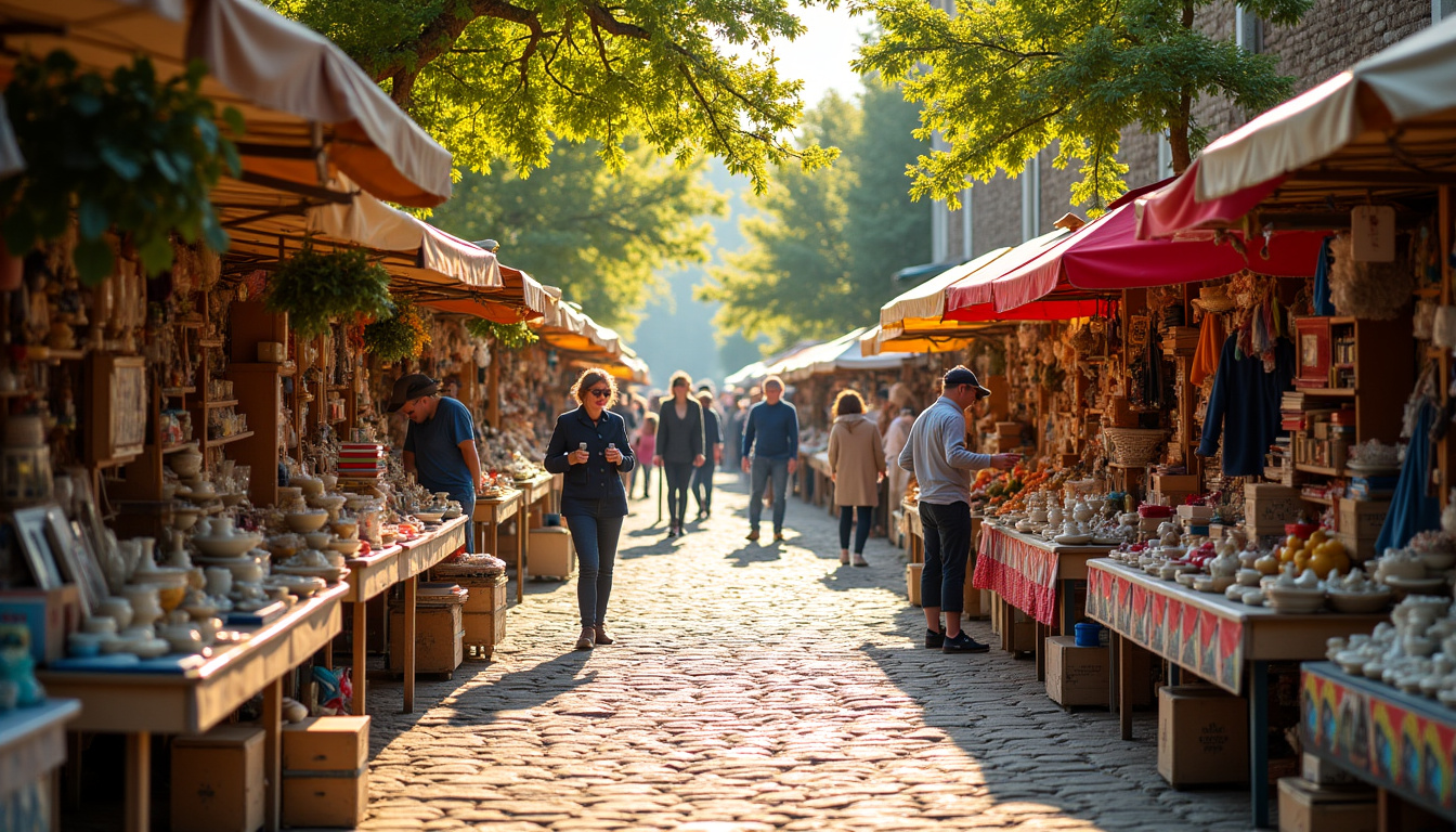 Vide-grenier dans les Deux-Sèvres avec stands variés et visiteurs en plein air