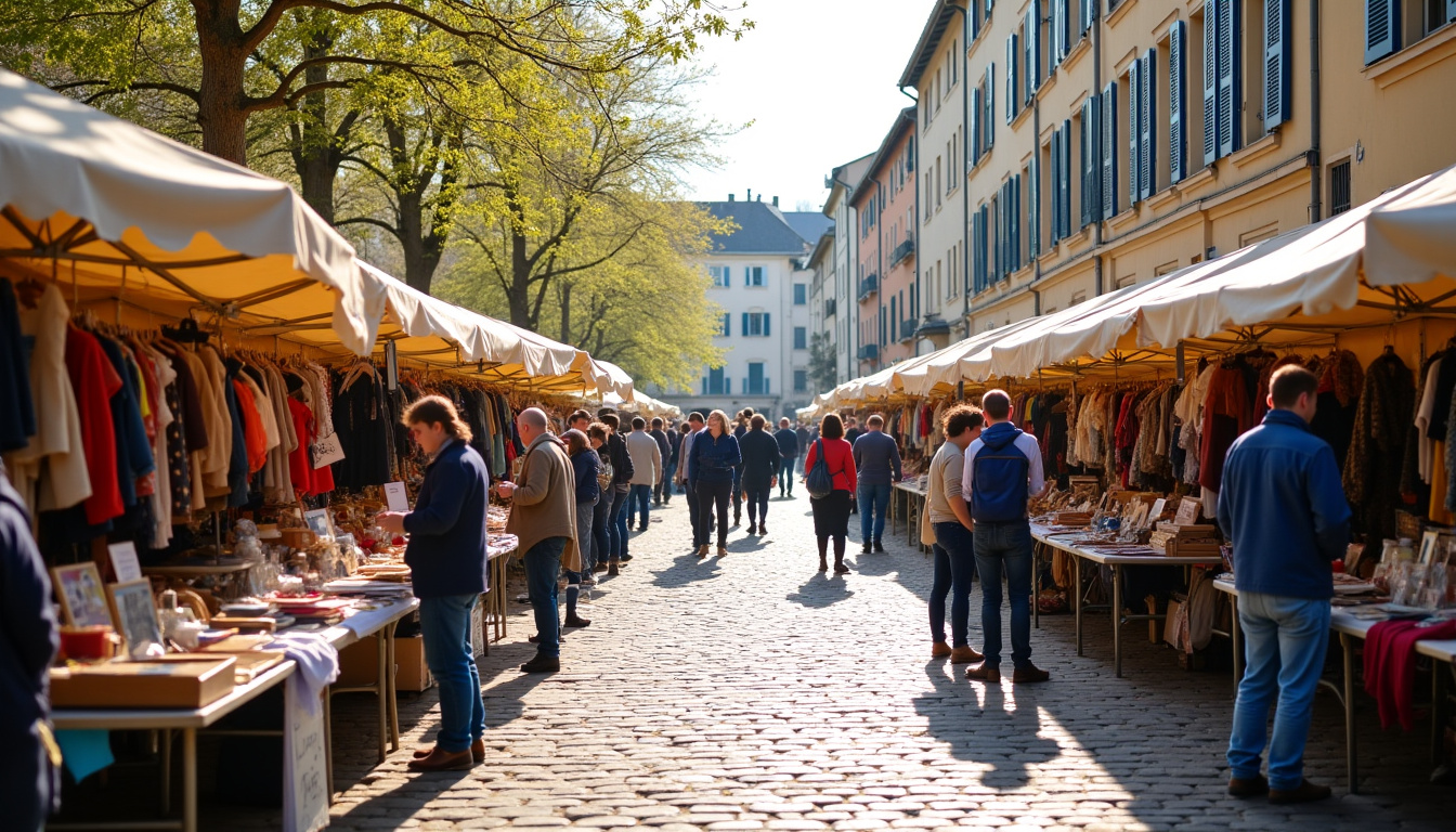 Vide-grenier sur la place Jacquard à Saint-Étienne avec plusieurs exposants et visiteurs
