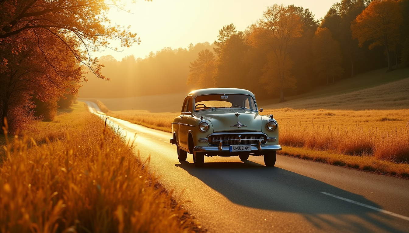 Vieille voiture roulant sur une route de campagne, symbole du départ en week-end