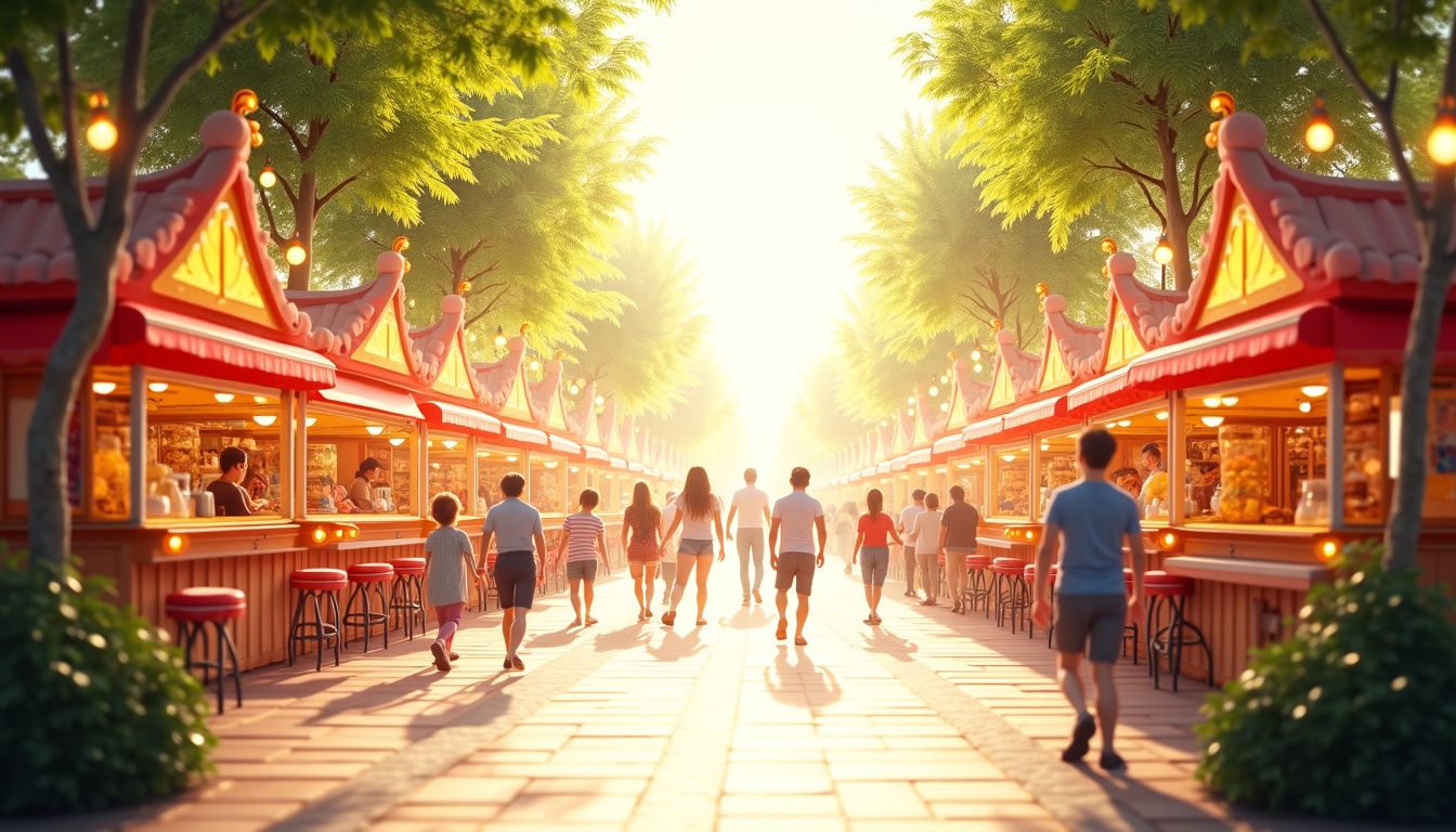 Vue des zones de restauration et des boutiques souvenirs à Magic Park Land