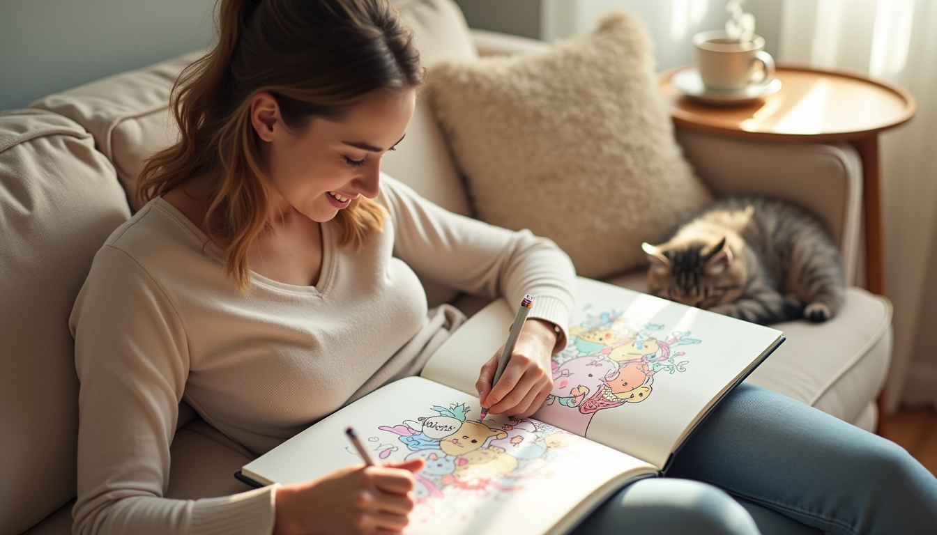 Adulte détendu en train de colorier un dessin kawaii sur son canapé