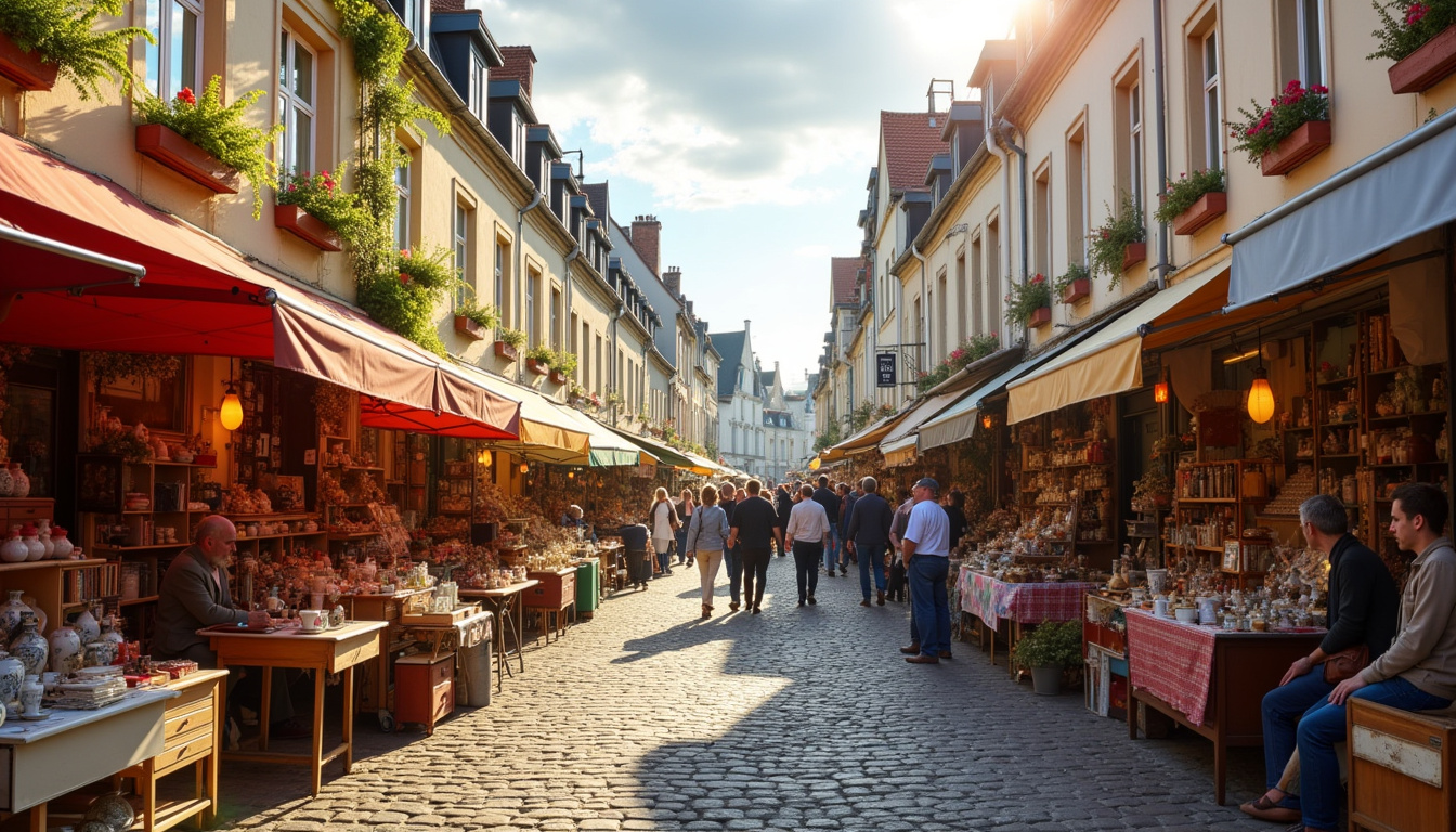 Brocante animée de Margny-lès-Compiègne avec de nombreux stands alignés le long des rues