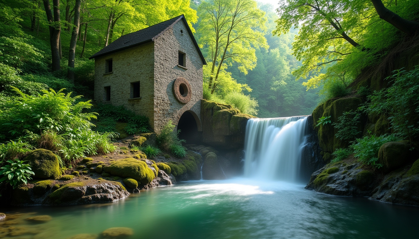 Cascade des Moulins de la Foux avec moulins restaurés et végétation luxuriante