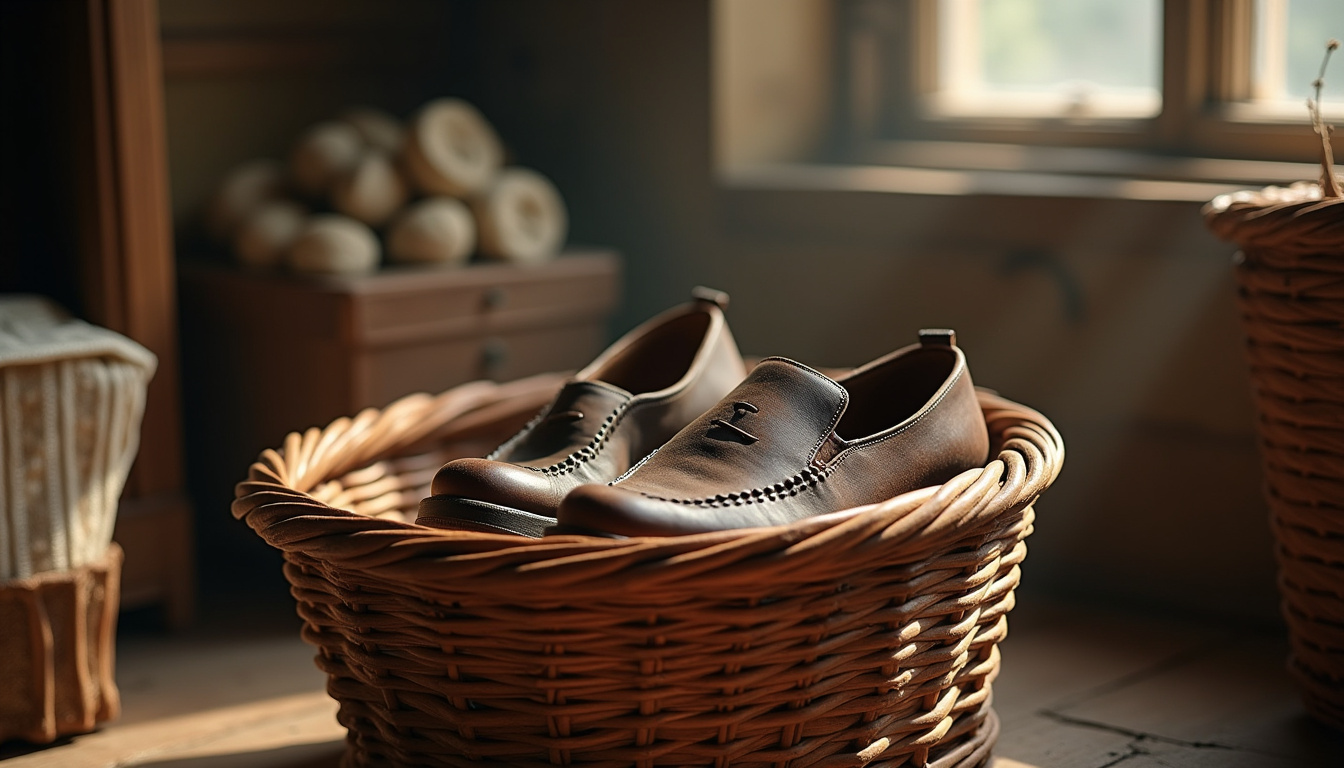 Chaussures vintage trouvées dans un panier lors d