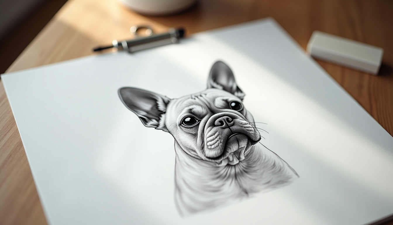 Croquis d’un bouledogue français avec traits caractéristiques