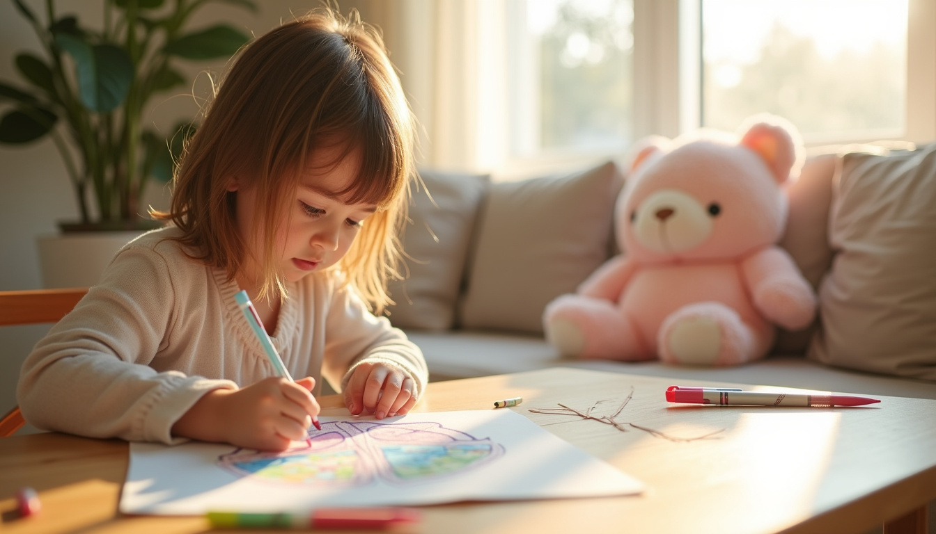 Enfant en train de colorier un dessin kawaii à la table du salon