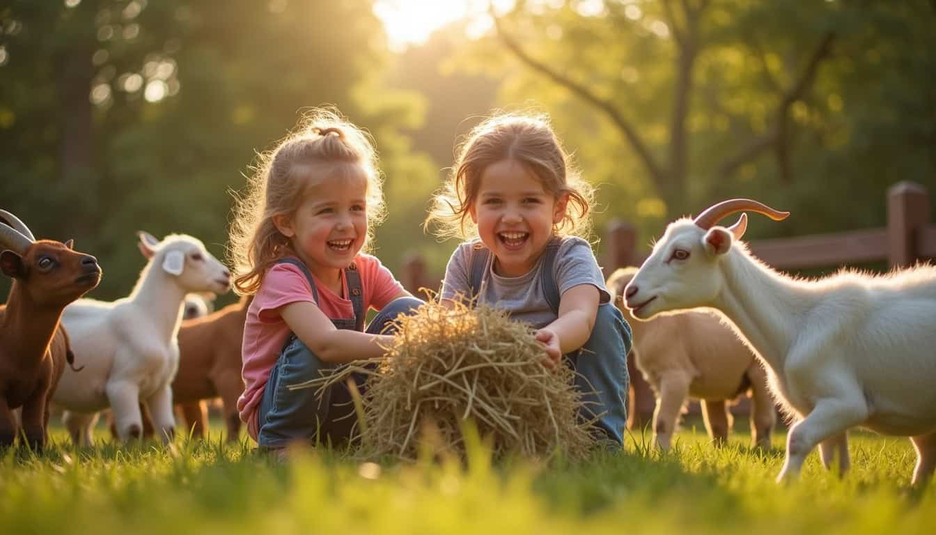 Enfants en train de nourrir des chèvres à la Ferme de Pepp’s et Rexx’s