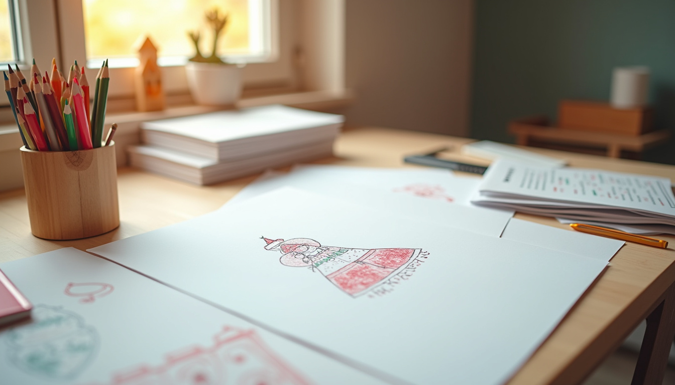 Espace de dessin organisé avec crayons, feuilles et gabarits de père noël