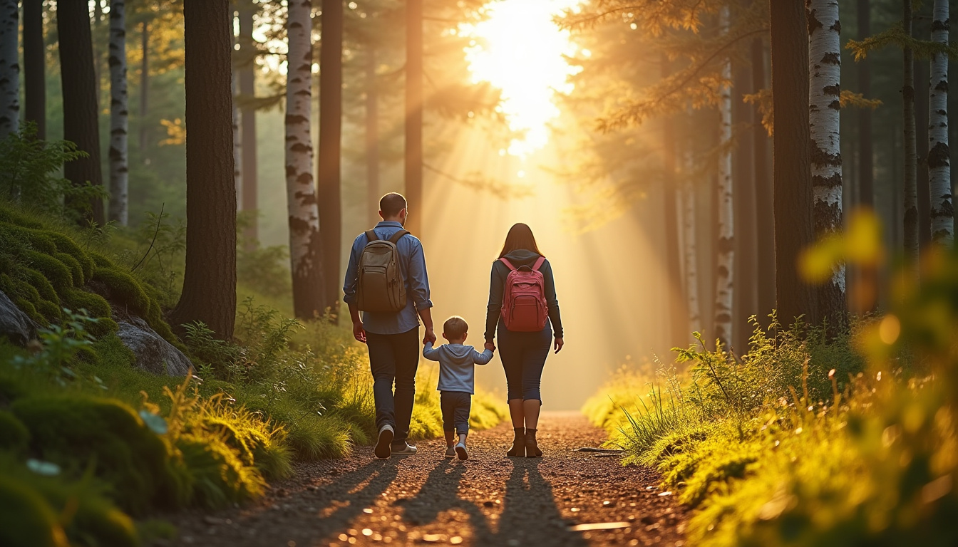 Famille en balade dans une forêt ensoleillée, cheminant sur un sentier forestier