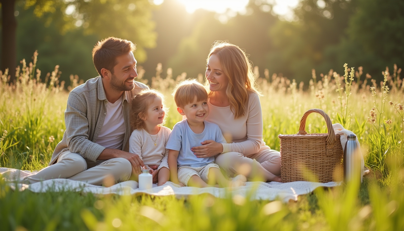 Famille en train de pique-niquer avec des contenants réutilisables et un sac poubelle compostable