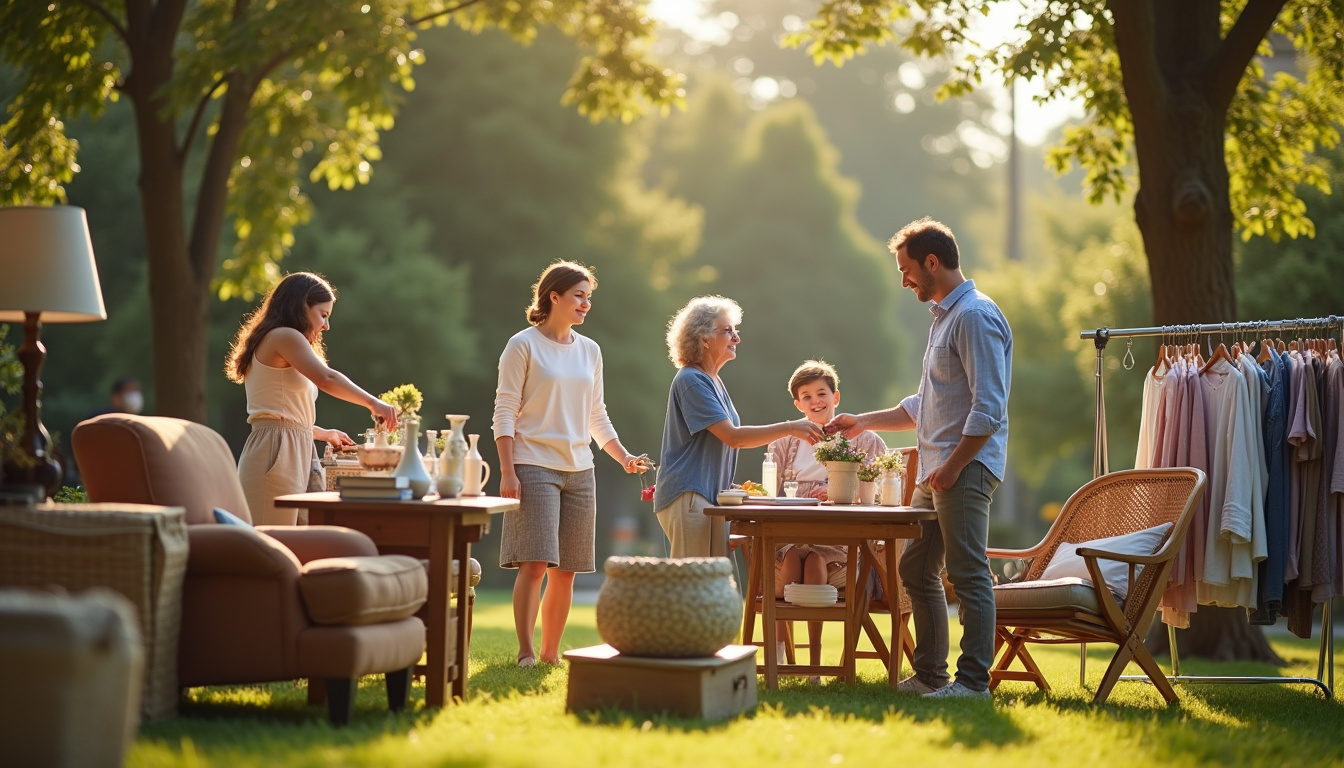 Famille en train de vendre des meubles et objets dans le jardin d