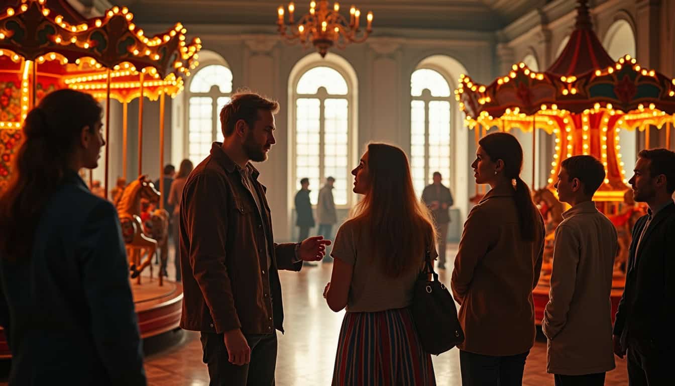 Groupe de visiteurs écoutant un guide dans une salle du musée des arts forains
