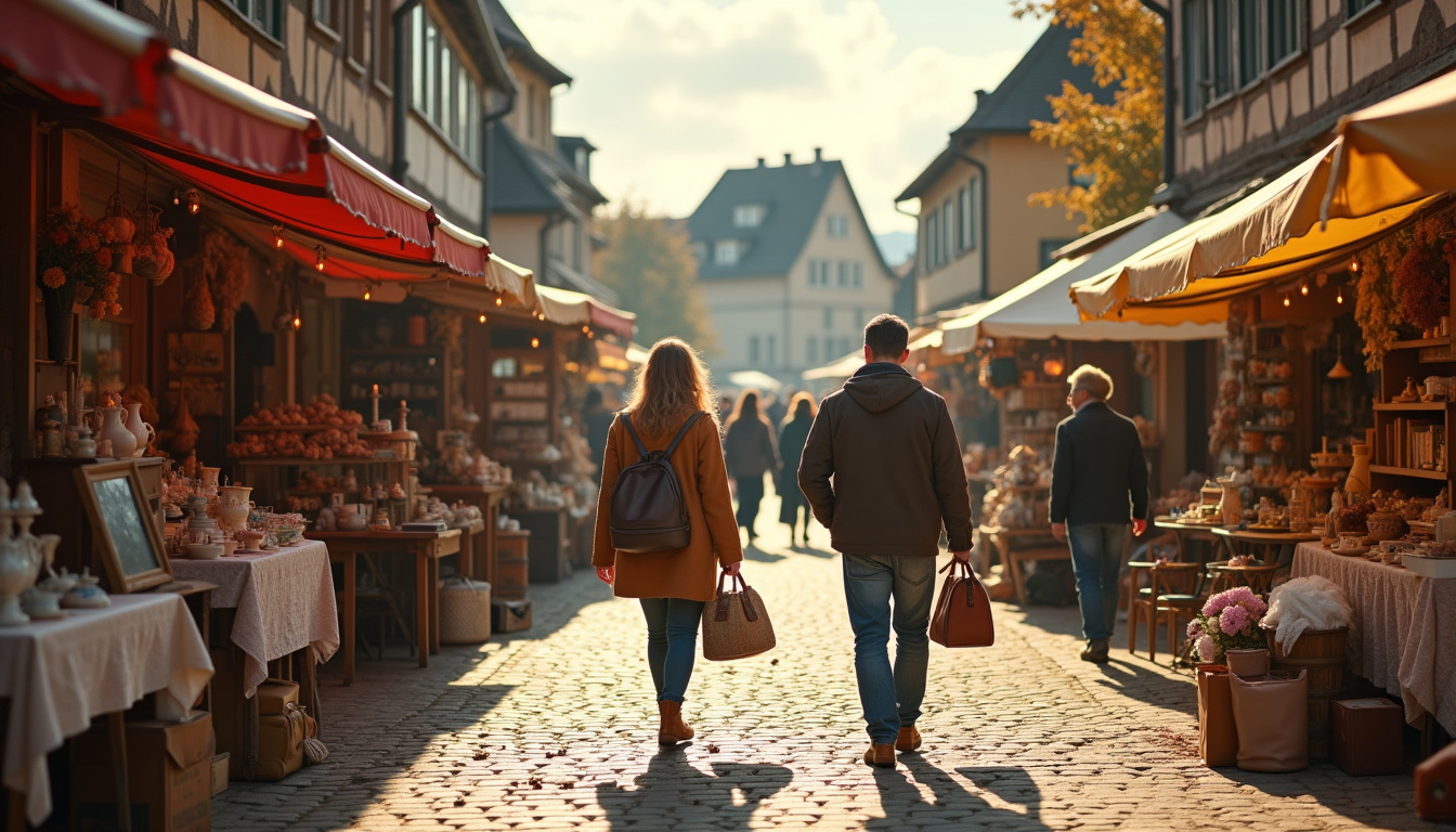 Groupes de chineurs parcourant les allées d’un marché aux puces en Alsace, sacs à la main