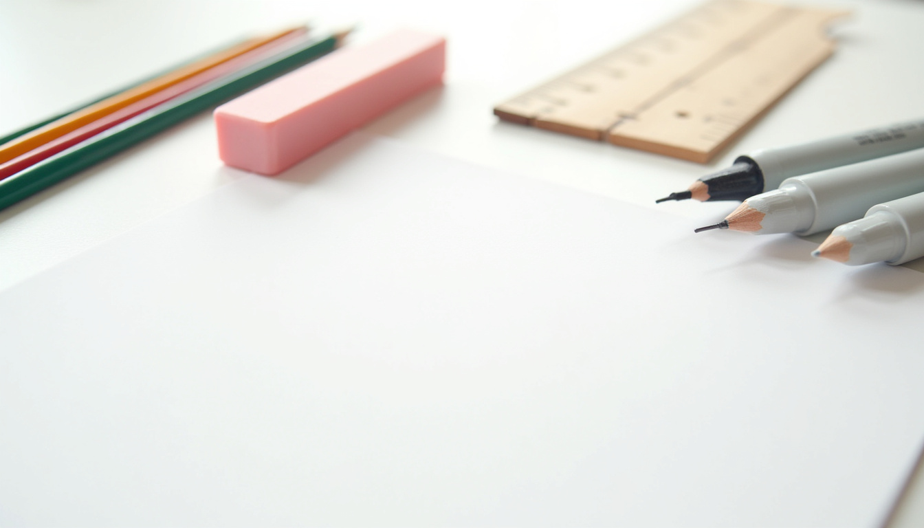Matériel de dessin pour réaliser un papillon: crayons, gomme, règle, feutres fins et papier uni