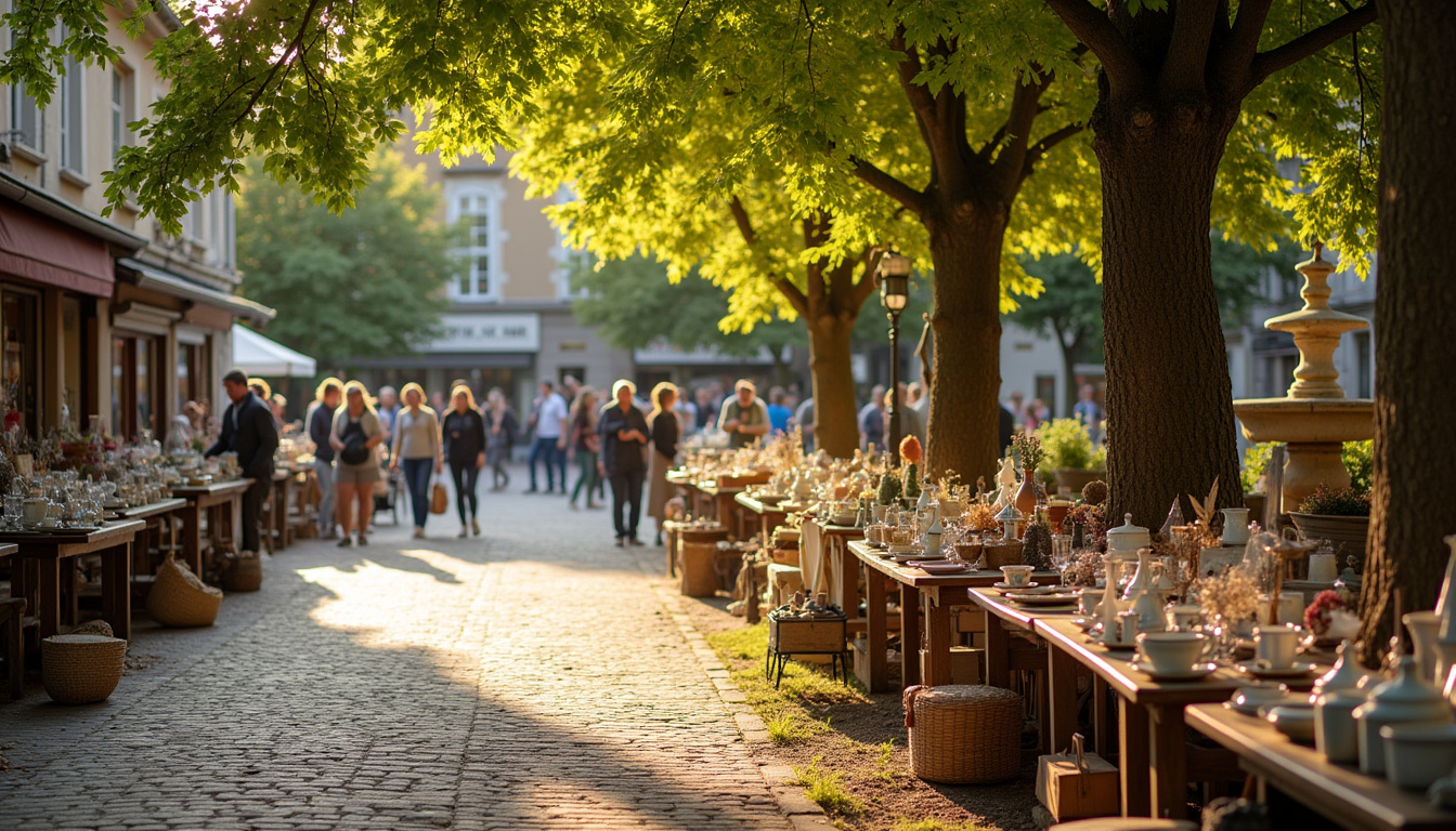 Place de village avec stands de brocante organisée, objets anciens exposés sur des tables en bois