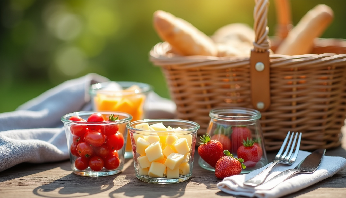 Préparation du panier de pique-nic avec couverture, contenants et aliments disposés sur une table